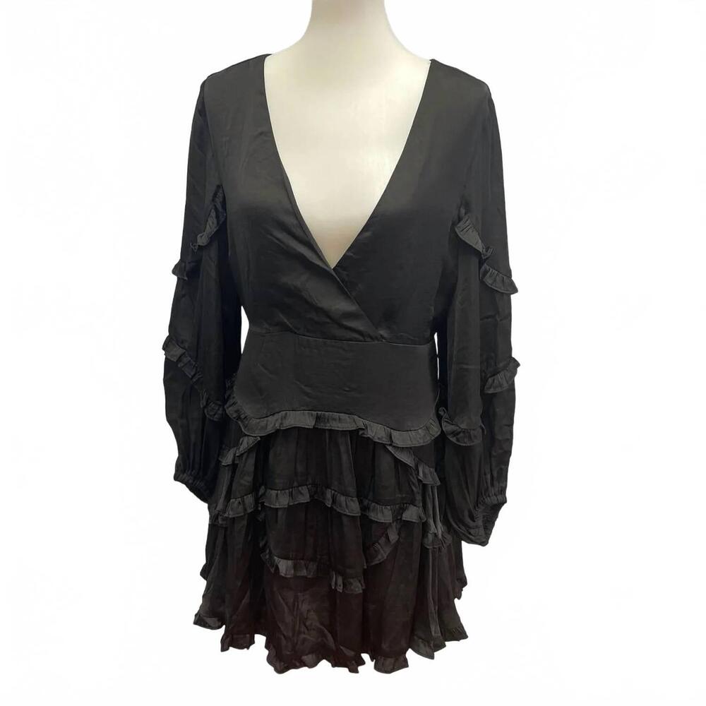 NEW DB STUDIO women's long sleeve deep v ruffled goth mini formal dress in black
